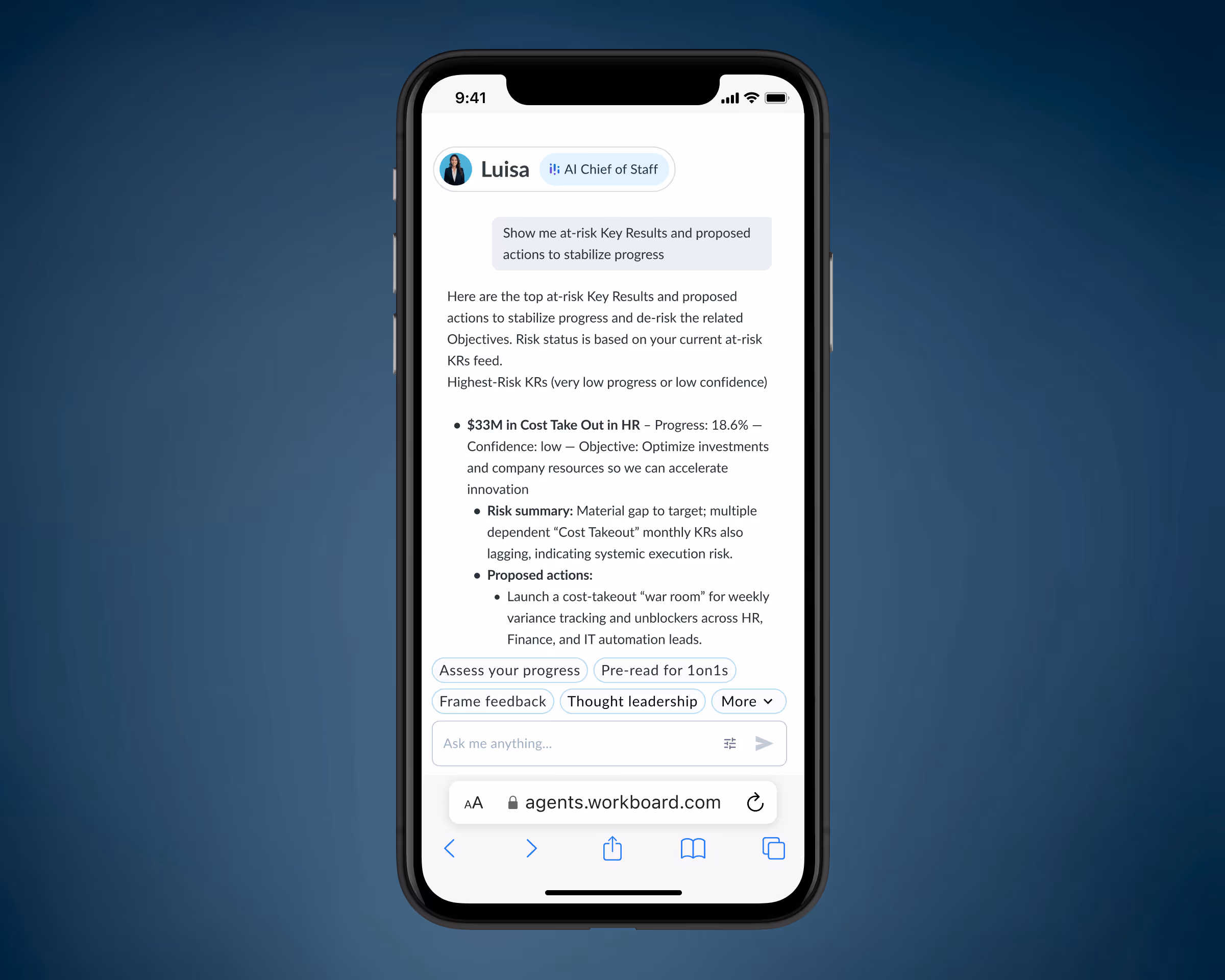 Agent providing current OKR risks on phone interface