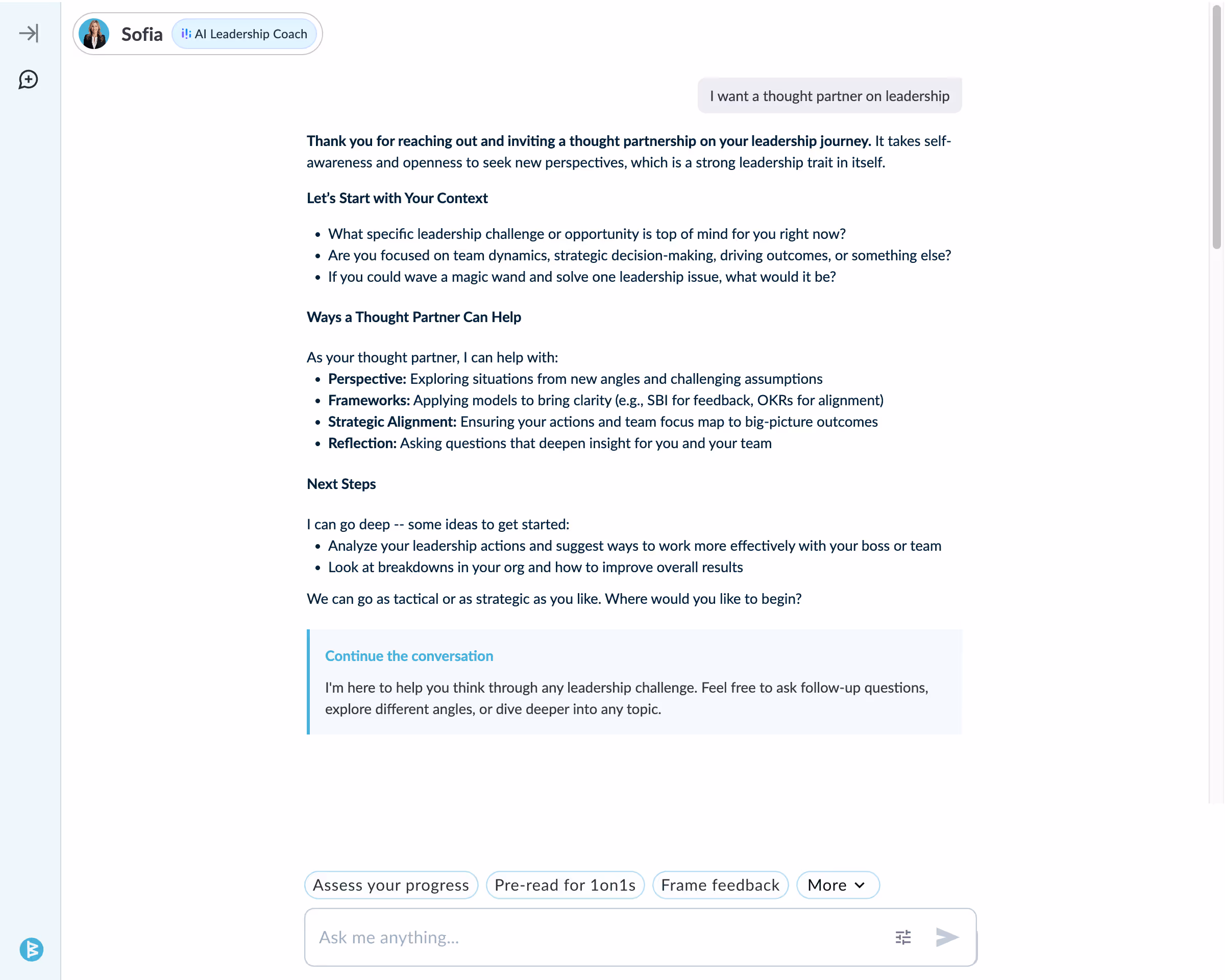 AI Leadership Coach offering  thought partnership on leadership challenges and next steps.