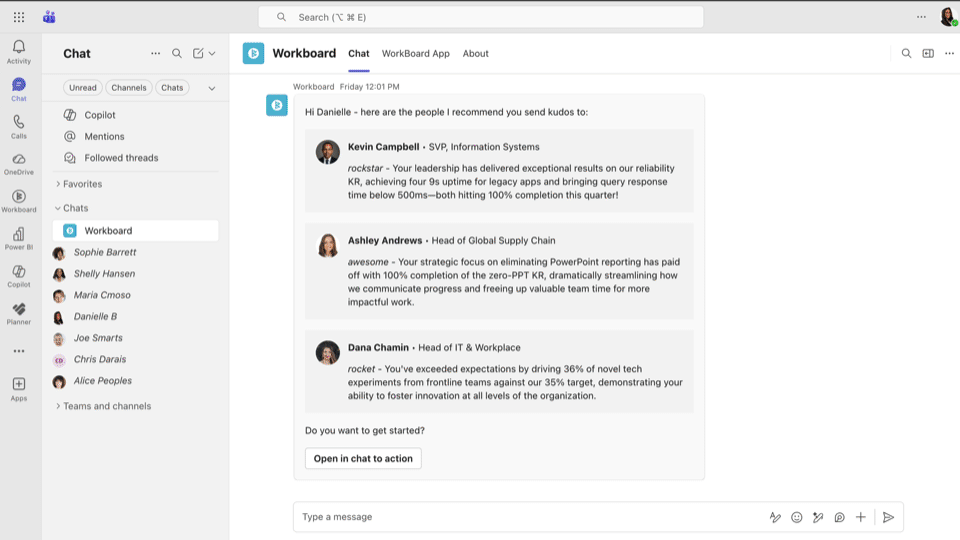 Kudos prompt from Leadership Coach in MS Teams