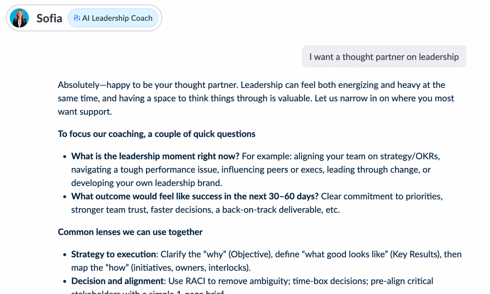Thought partner on leadership with Coach Agent