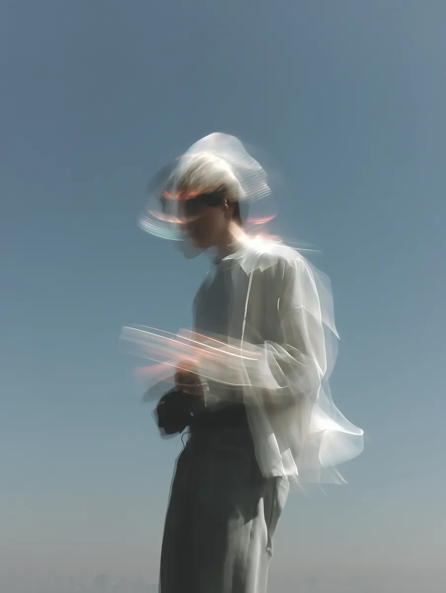 Blurred motion portrait of a person wearing a white shirt and a hat against a clear blue sky.