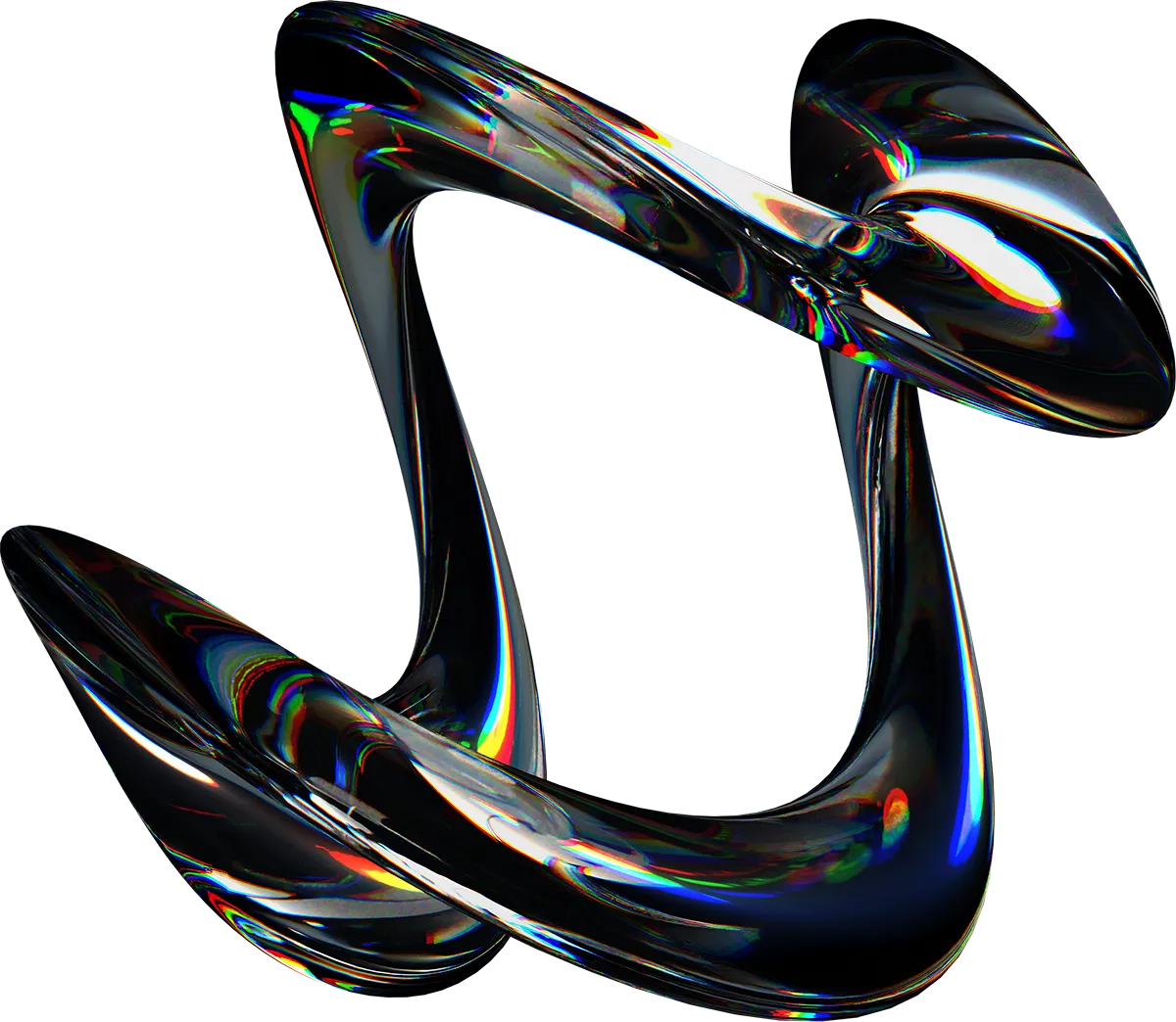 Abstract black glossy intertwined torus shapes with reflective rainbow highlights on a transparent background.