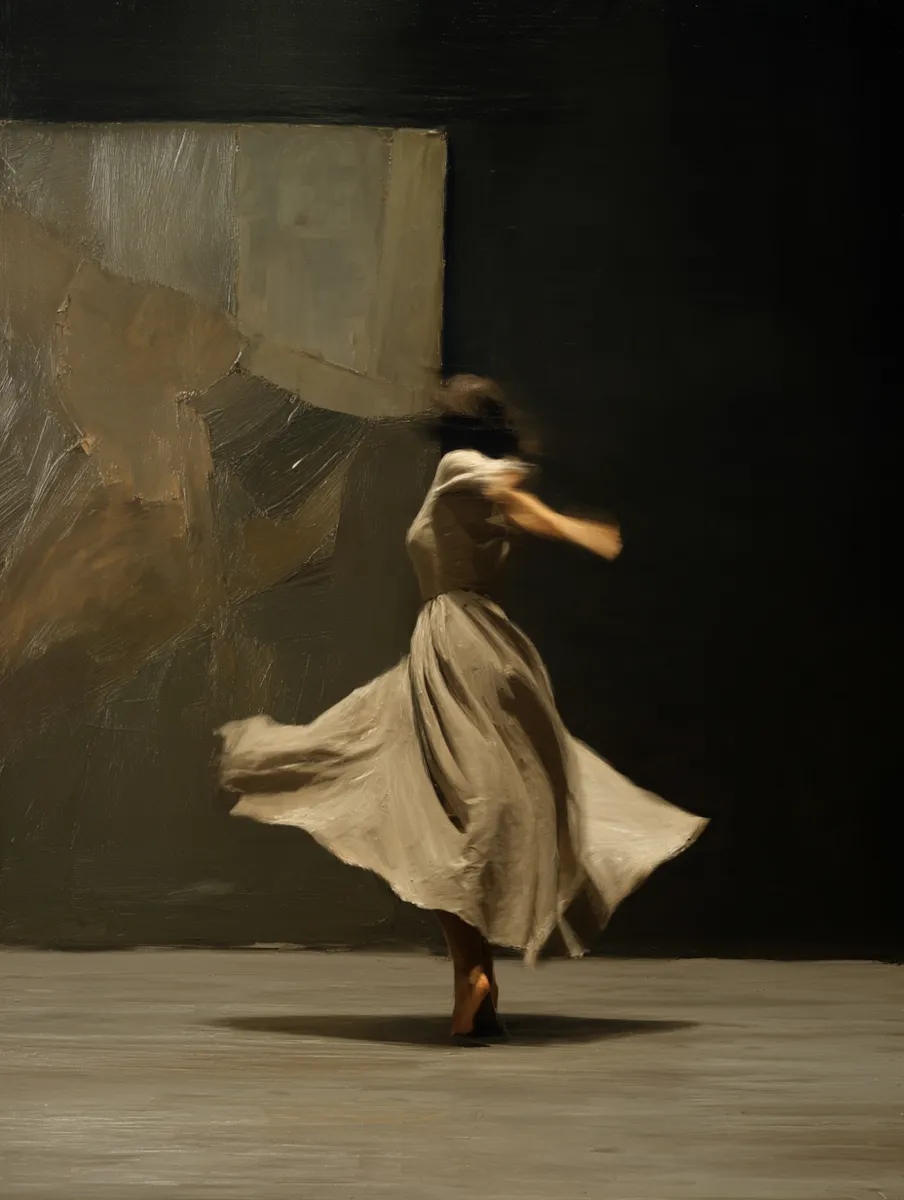 Woman in a flowing dress spinning gracefully on a stage with a dark, abstract background.