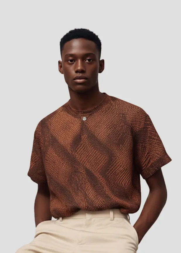 Young man with short curly hair wearing a brown patterned short-sleeve shirt and beige pants against a light gray background.