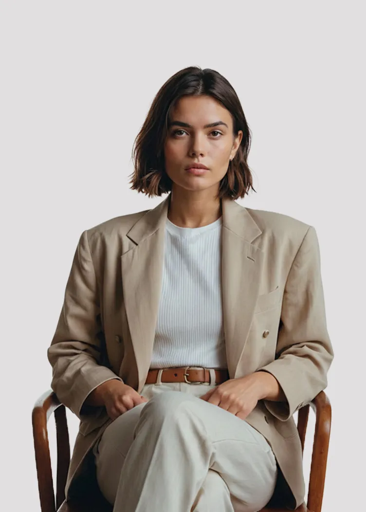Woman with short dark hair wearing a beige blazer and white top, sitting cross-legged on a wooden chair.