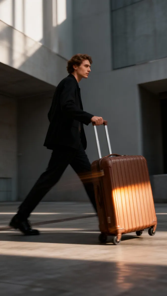 Man in black suit walking with a brown rolling suitcase in an urban setting with modern architecture.