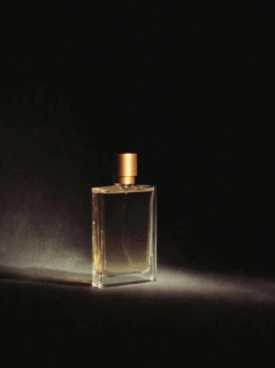 Rectangular glass perfume bottle with a gold cap illuminated on a dark background.