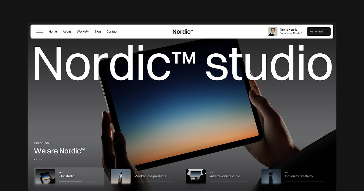 Website homepage showing Nordic™ studio with a large tablet held by two hands and navigation menu including Home, About, Works, Blog, Contact, and contact options.
