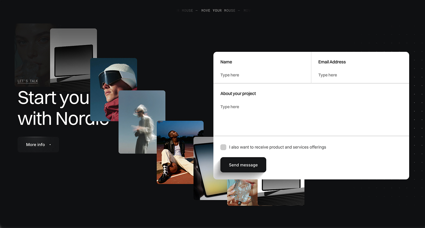 A digital contact form overlay on a dark background with stacked images of people, technology, and lifestyle scenes, inviting users to start a project.