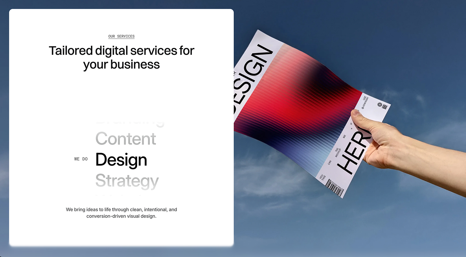 A hand holds a colorful design mockup sheet against a blue sky next to text about tailored digital services for business focusing on design.