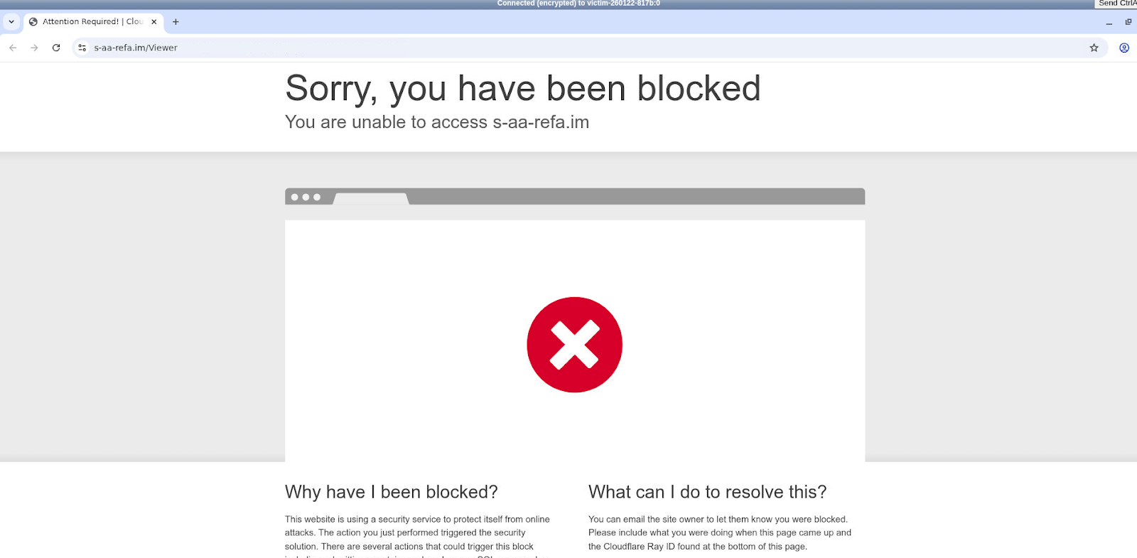 A screenshot of a web browser displaying a "Sorry, you have been blocked" message from Cloudflare. The page includes a large red circle with a white 'X' and technical text explaining that the action triggered a security solution. This is used by attackers to deny access to automated threat analysis tools and sandboxes.