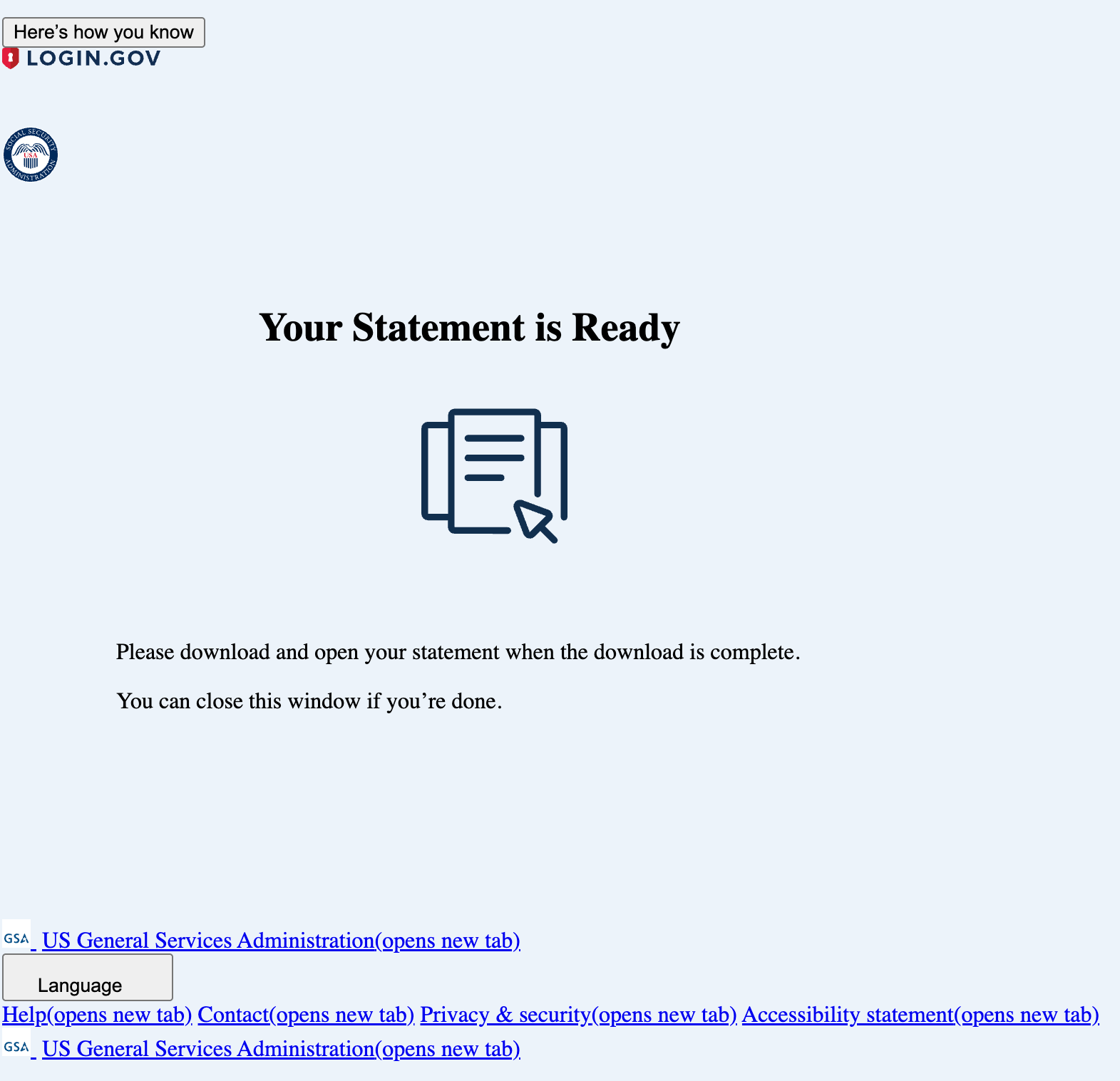 A screenshot of the attacker-controlled landing page at ss-a-ref[.]im/Viewer. The page attempts to spoof a Login.gov and SSA intermediary page but appears visually broken with unformatted blue links and basic text. It displays the header "Your Statement is Ready" above a document icon and instructions to download and open the file.