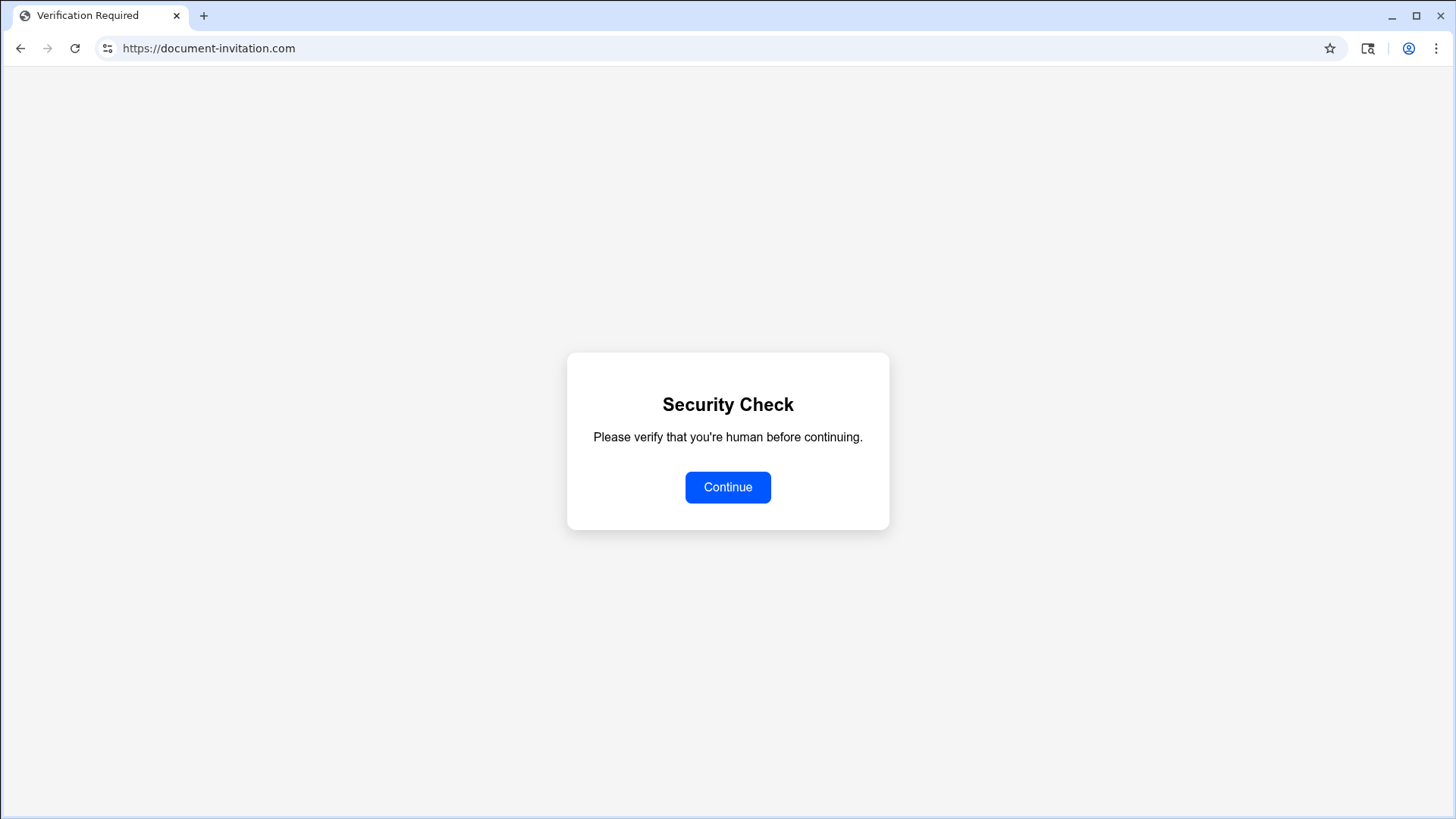 The attacker-run Security Check page on document-invitation.com, showing only a heading and a Continue button.