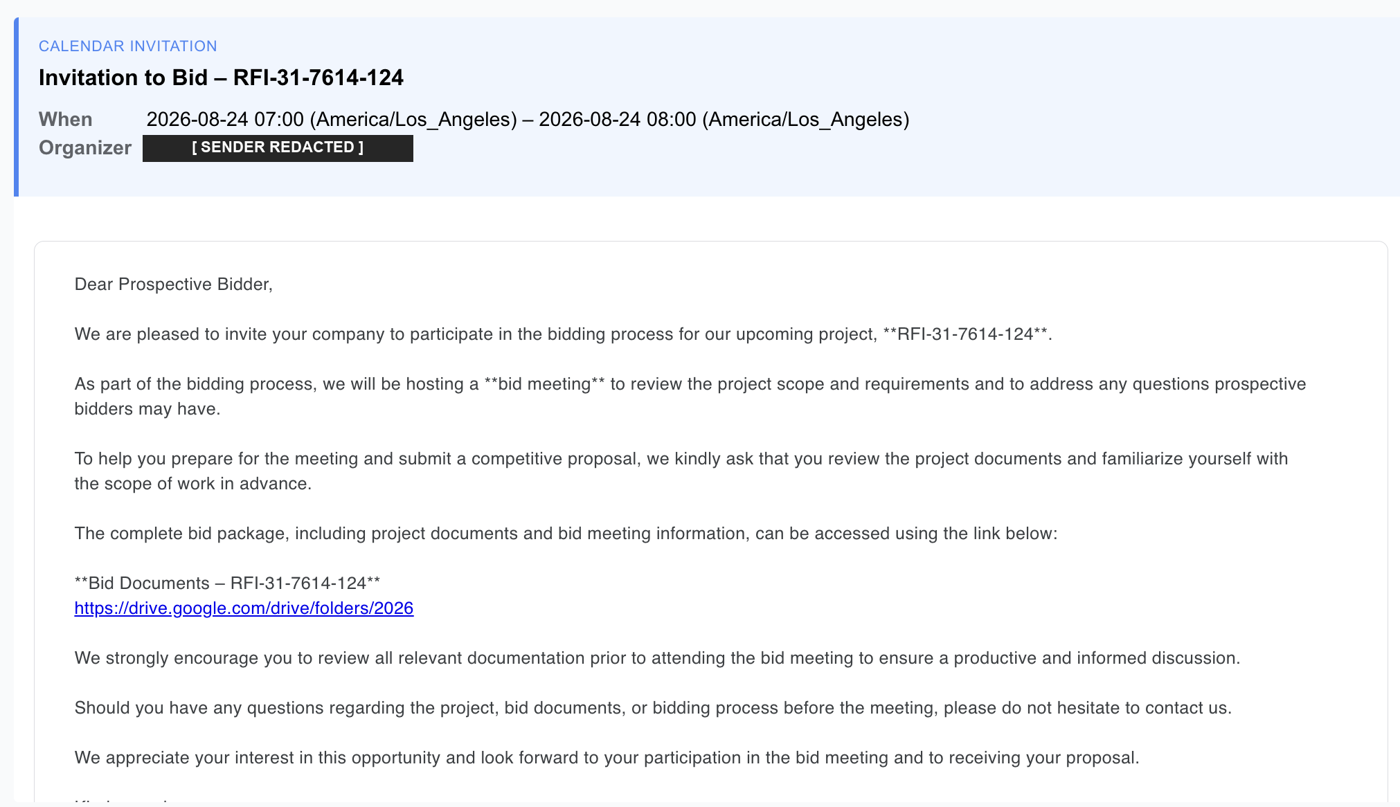 A campaign calendar invitation titled Invitation to Bid RFI-31-7614-124, with the compromised organizer mailbox redacted and a decoy Google Drive link in the body.