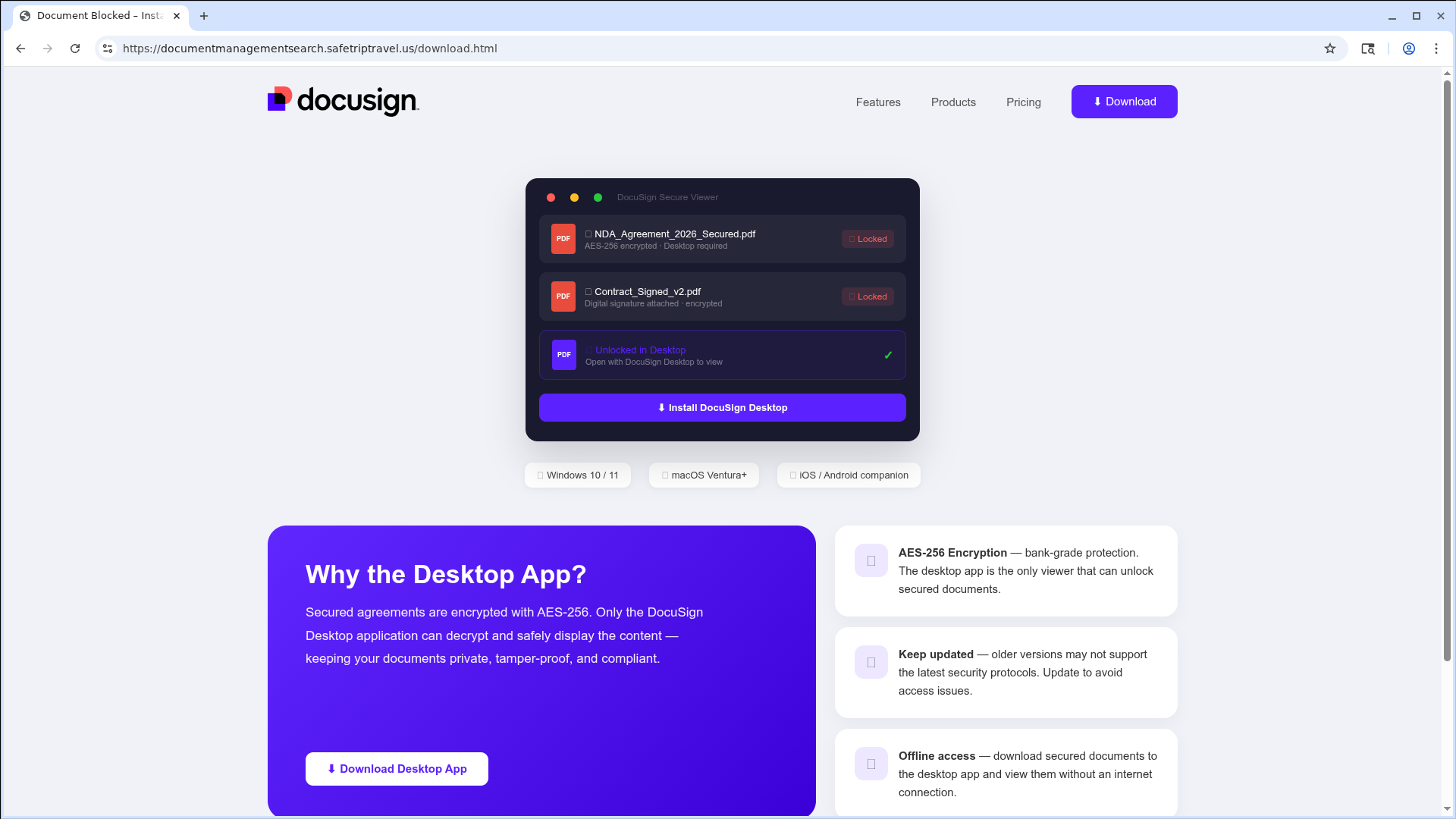 A DocuSign clone download page showing two locked PDF files marked AES-256 encrypted and an Install DocuSign Desktop button.