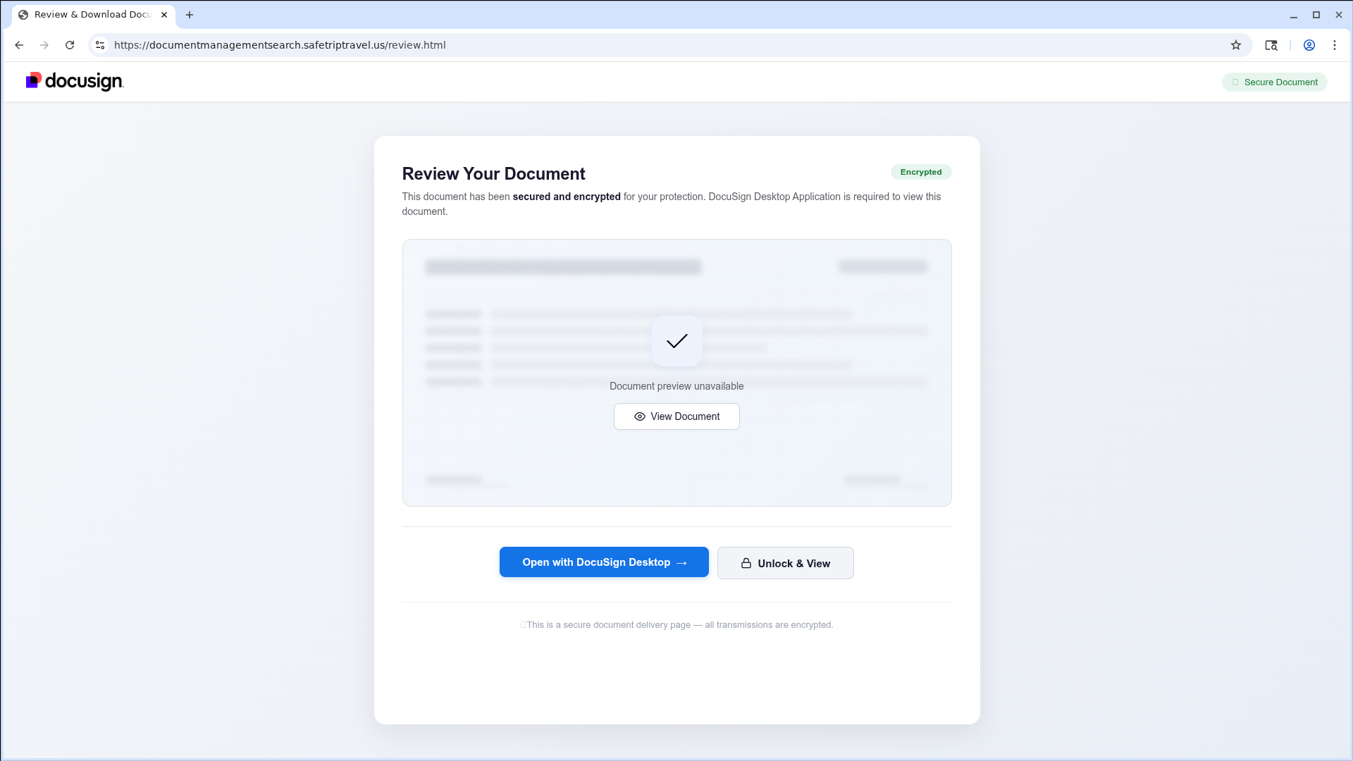 A DocuSign clone page reading Review Your Document with a blurred preview marked document preview unavailable and buttons to open with DocuSign Desktop.