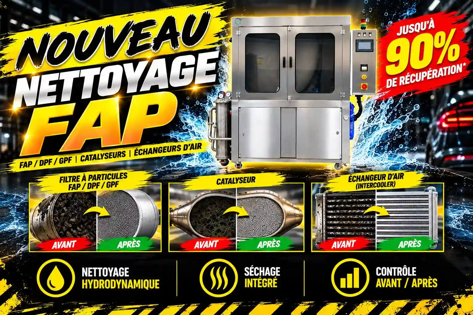 Machine de nettoyage FAP : avant et après nettoyage d'un filtre à particules, d'un catalyseur et d'un échangeur d'air