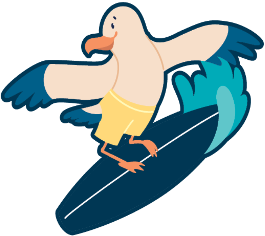 Sandy, the BEACON Study seagull mascot, surfing on a wave. 