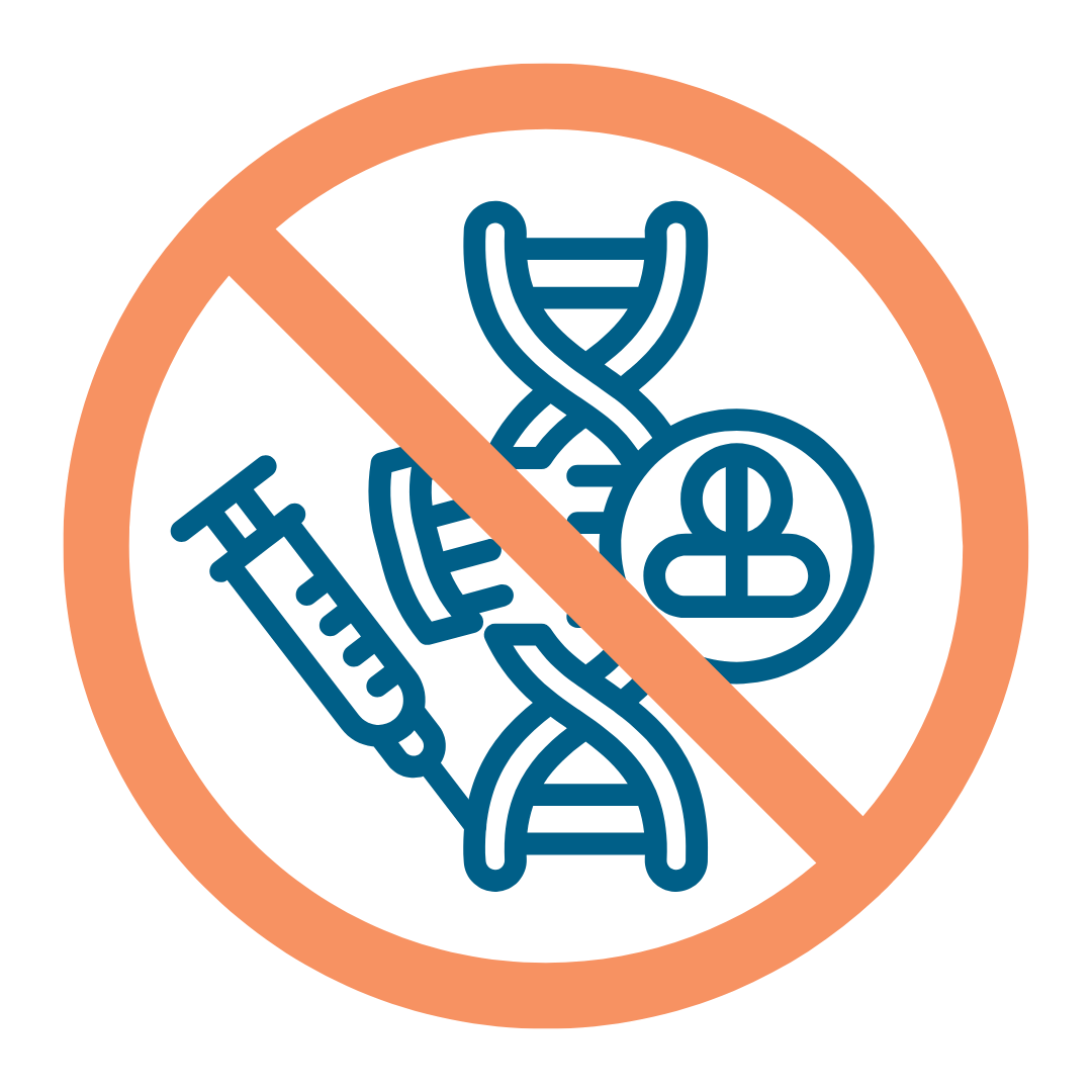 A crossed-out circle over top of a DNA strand being treated by advanced therapy.