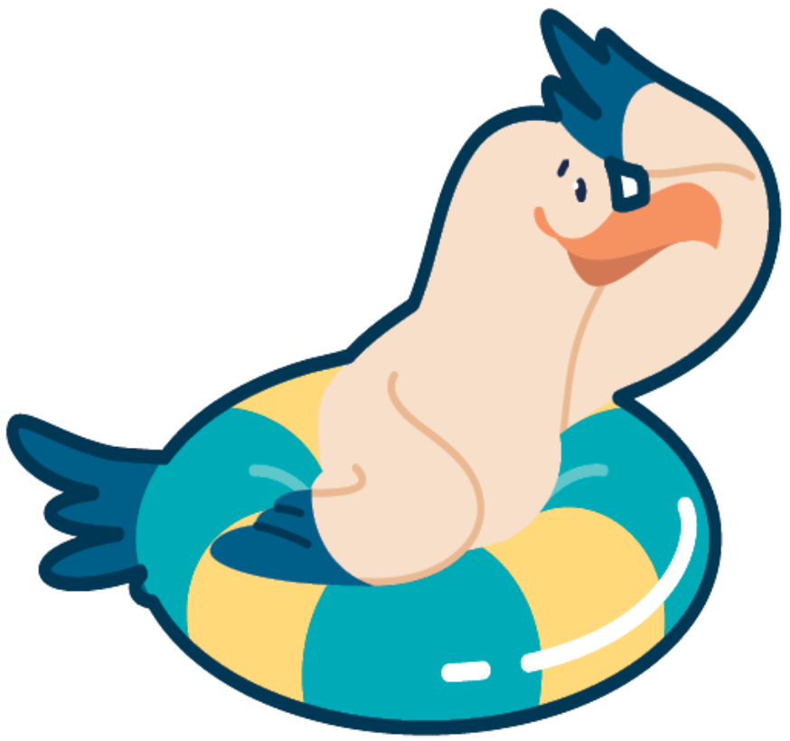 Sandy, the BEACON Study seagull mascot, floating with an inner tube and looking to the horizon.