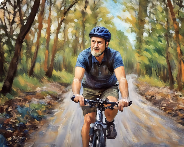 Man biking on a forest path, smiling.