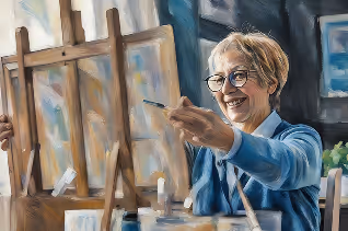 Older woman painting on canvas.