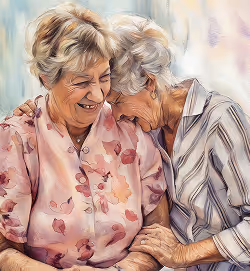 Two elderly women laughing together.