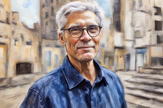 Older man posing on stone steps, smiling.