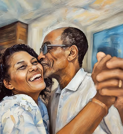 Couple dancing and smiling warmly.