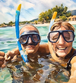 Couple snorkeling and smiling at the camera.