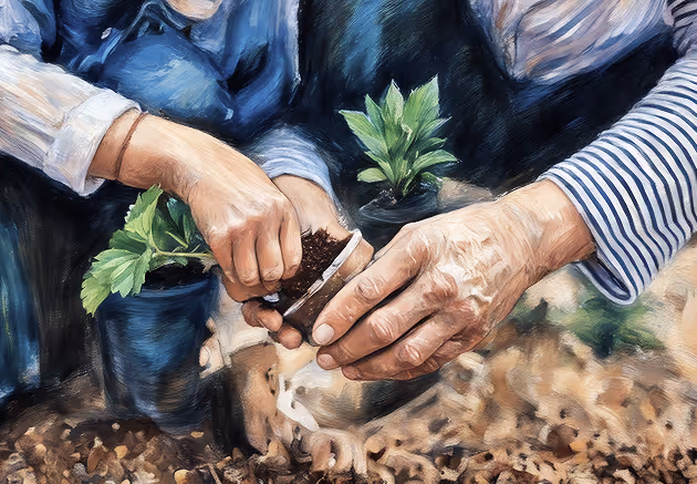 Hands planting a small green seedling in soil.