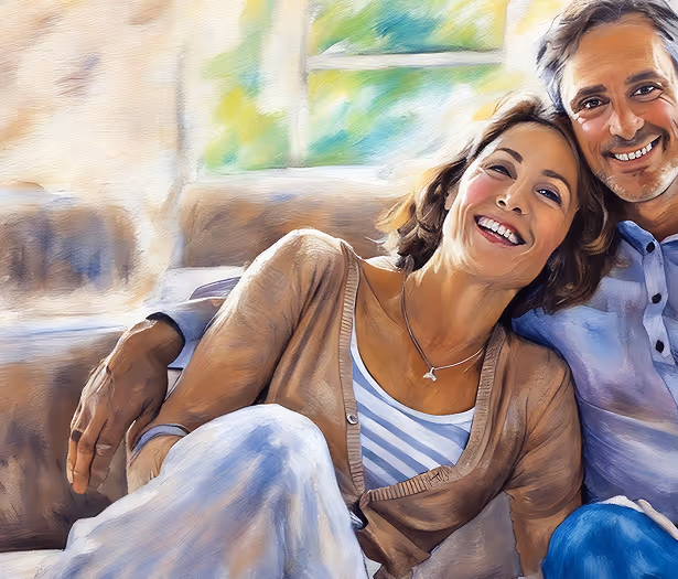 Couple relaxing on a couch, smiling together.