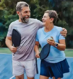 Couple walking arm in arm on a pickleball court, holding paddles and a ball.