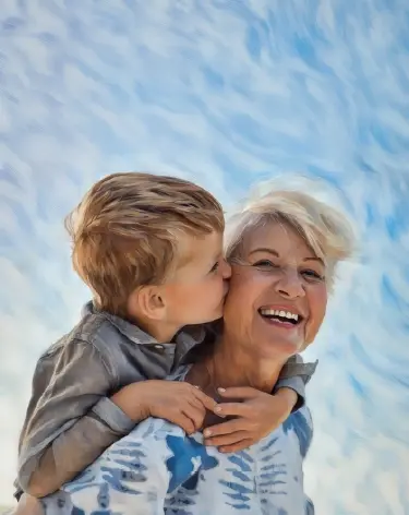 Young boy riding on his grandmother's back and kissing her cheek as she laughs.