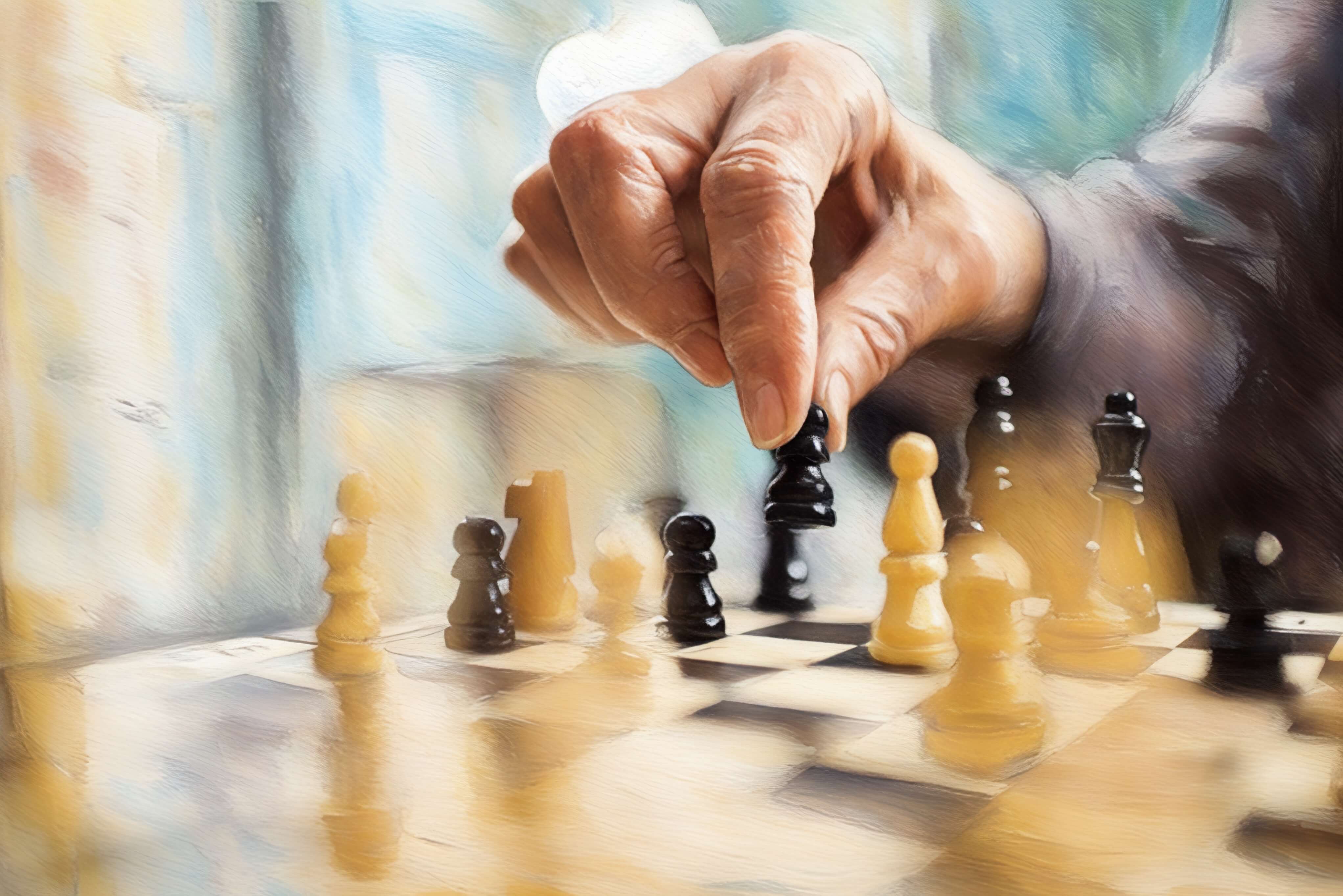 Human hand moving chess piece