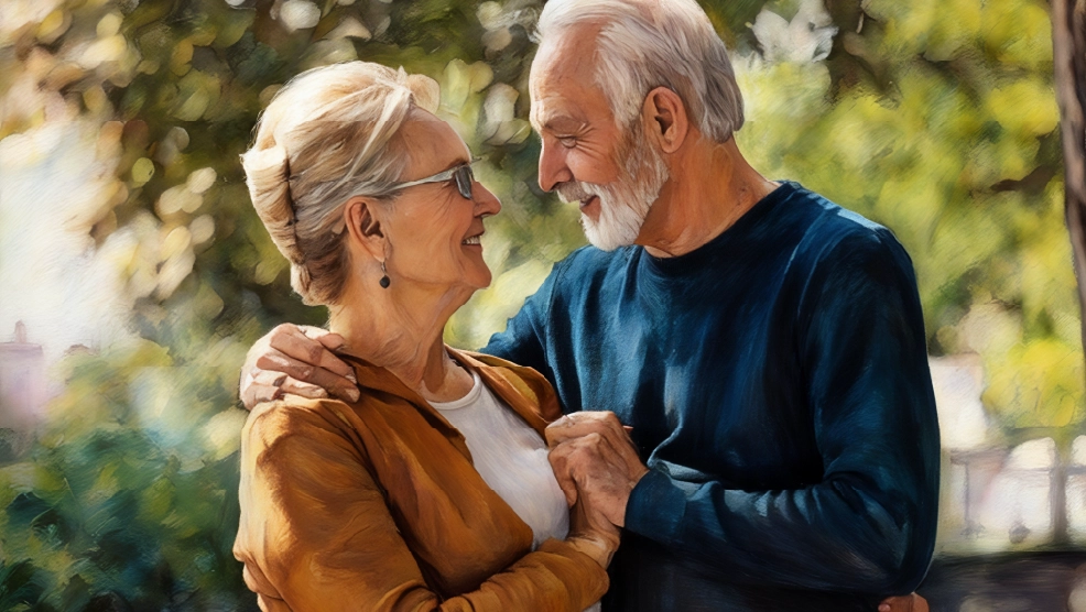 Elderly couple dancing in the park