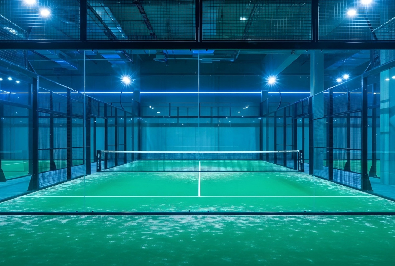 Inomhusbana för padeltennis med grönt konstgräs, glasväggar och modern belysning.