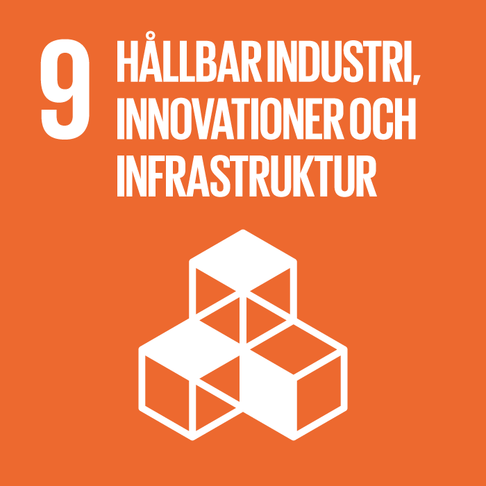 Orange bakgrund med vit text och symbol för hållbar industri, innovationer och infrastruktur, inklusive nummer 9 och fyra sammanlänkade kuber.