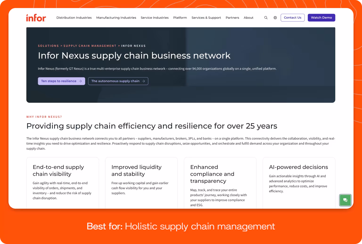 Screenshot of Infor Nexus homepage.