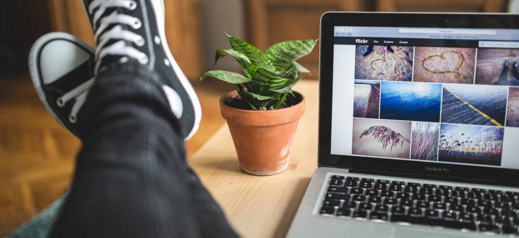 A photograph of a laptop and houseplant on a coffee table. Someone wearing converse sneakers rests their feet on the table.