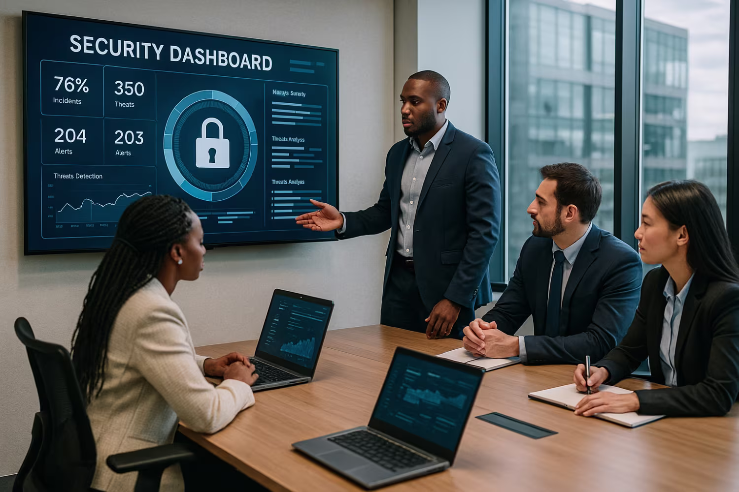 Diverse team analyzing zero trust security dashboard
