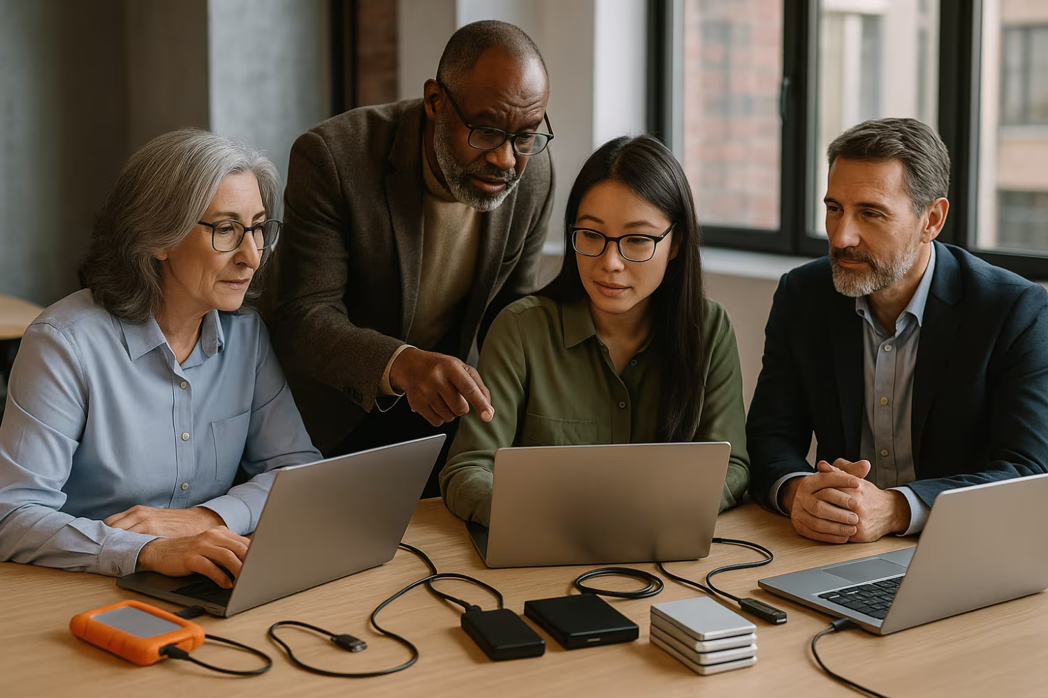 Professionals discussing data backup plan