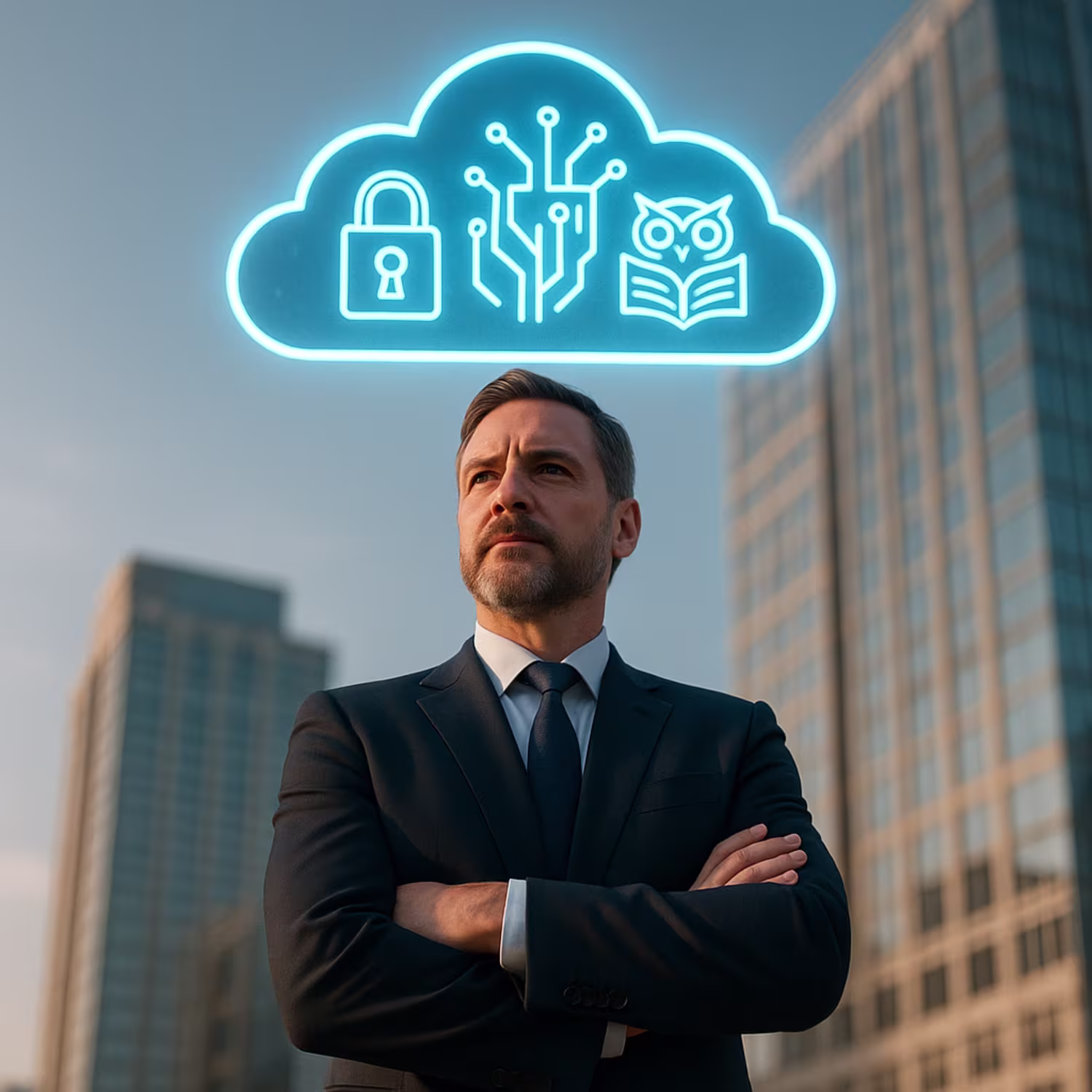 Business professional under cloud security icon