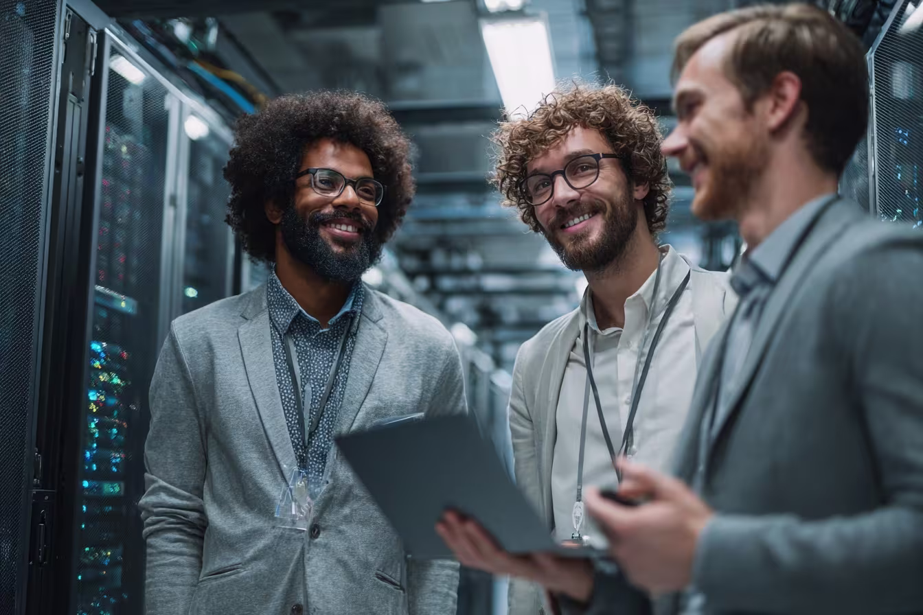 Diverse professionals discussing hybrid cloud solutions