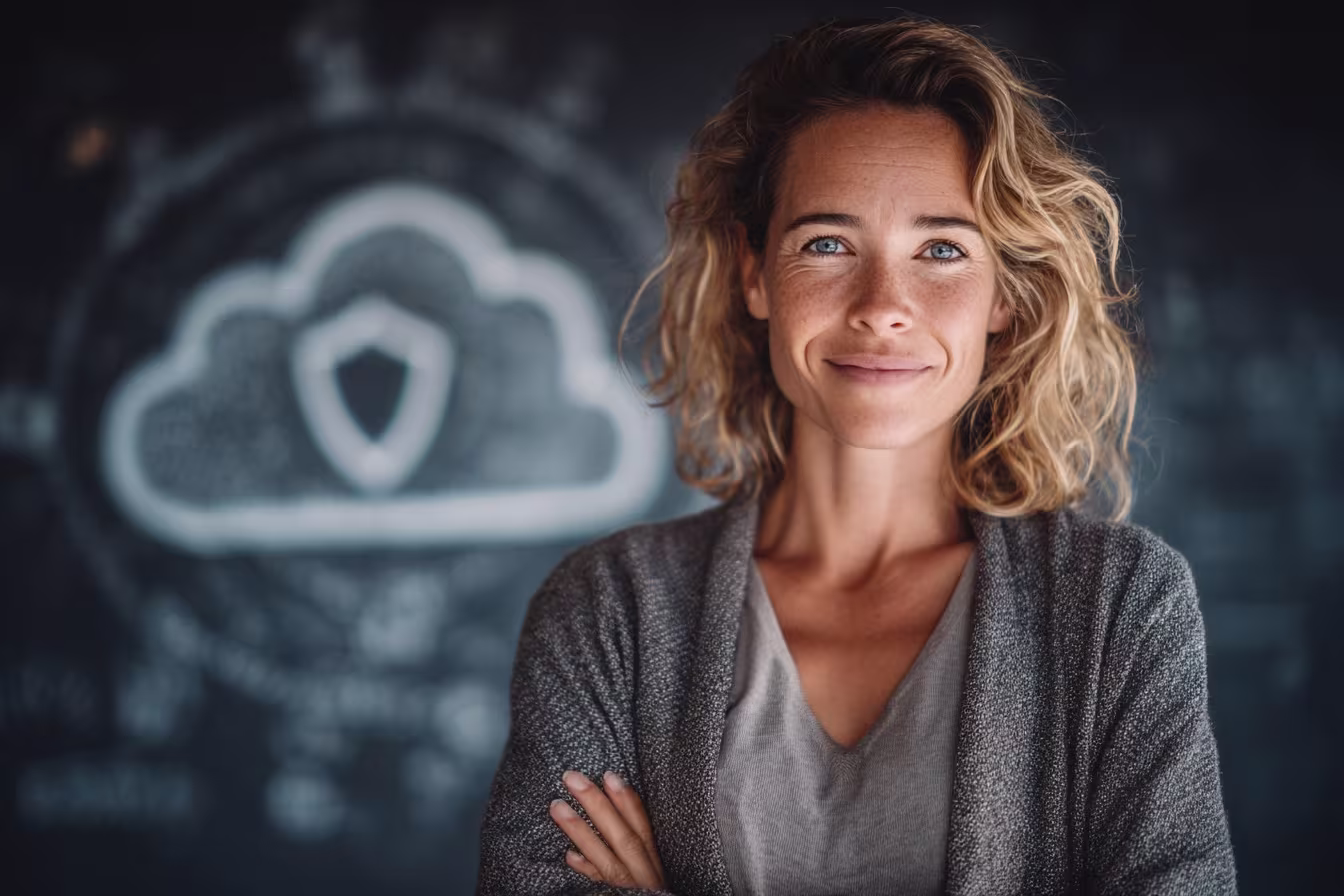 Business professional under cloud security icon