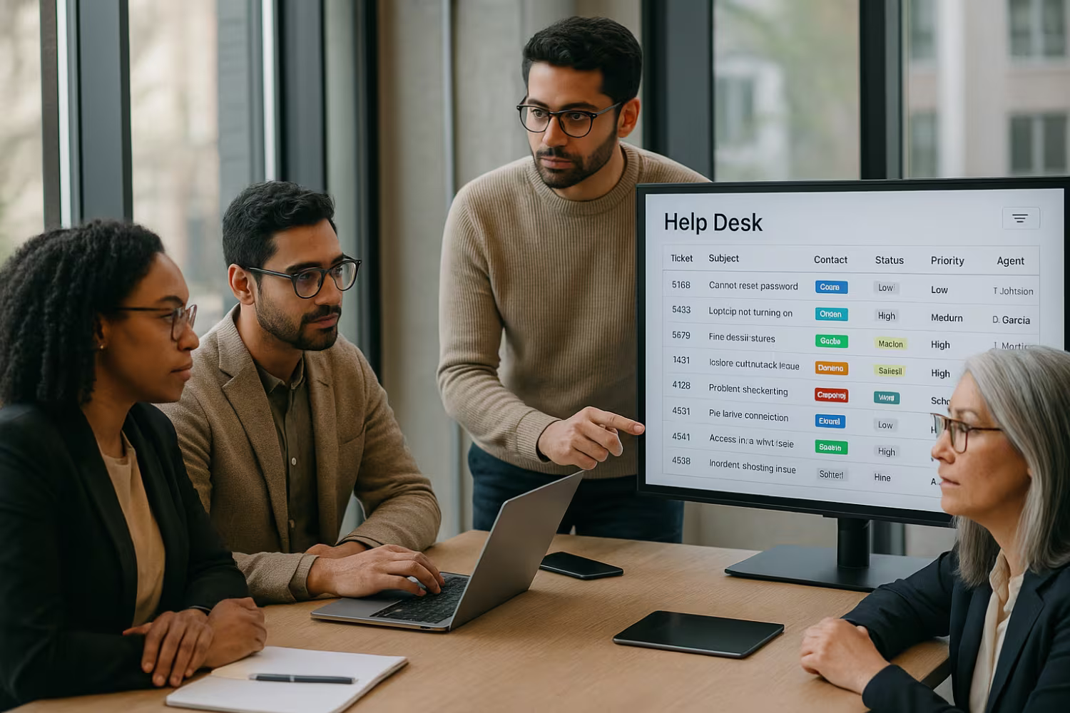 Diverse team collaborating on help desk ticketing system