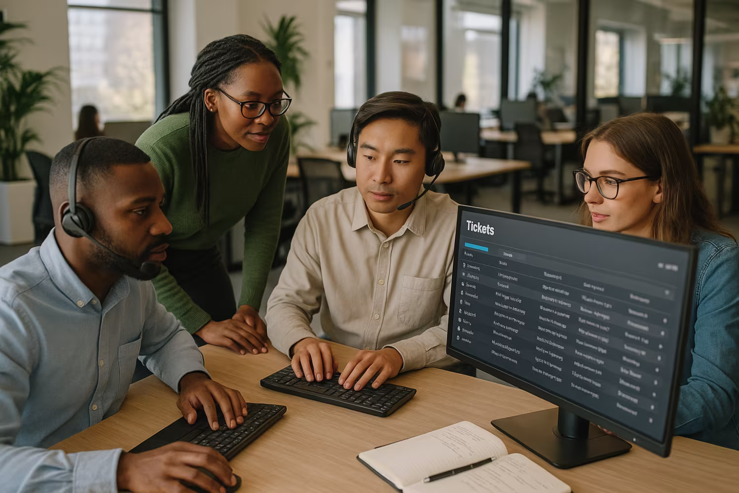 Diverse team using help desk ticketing system