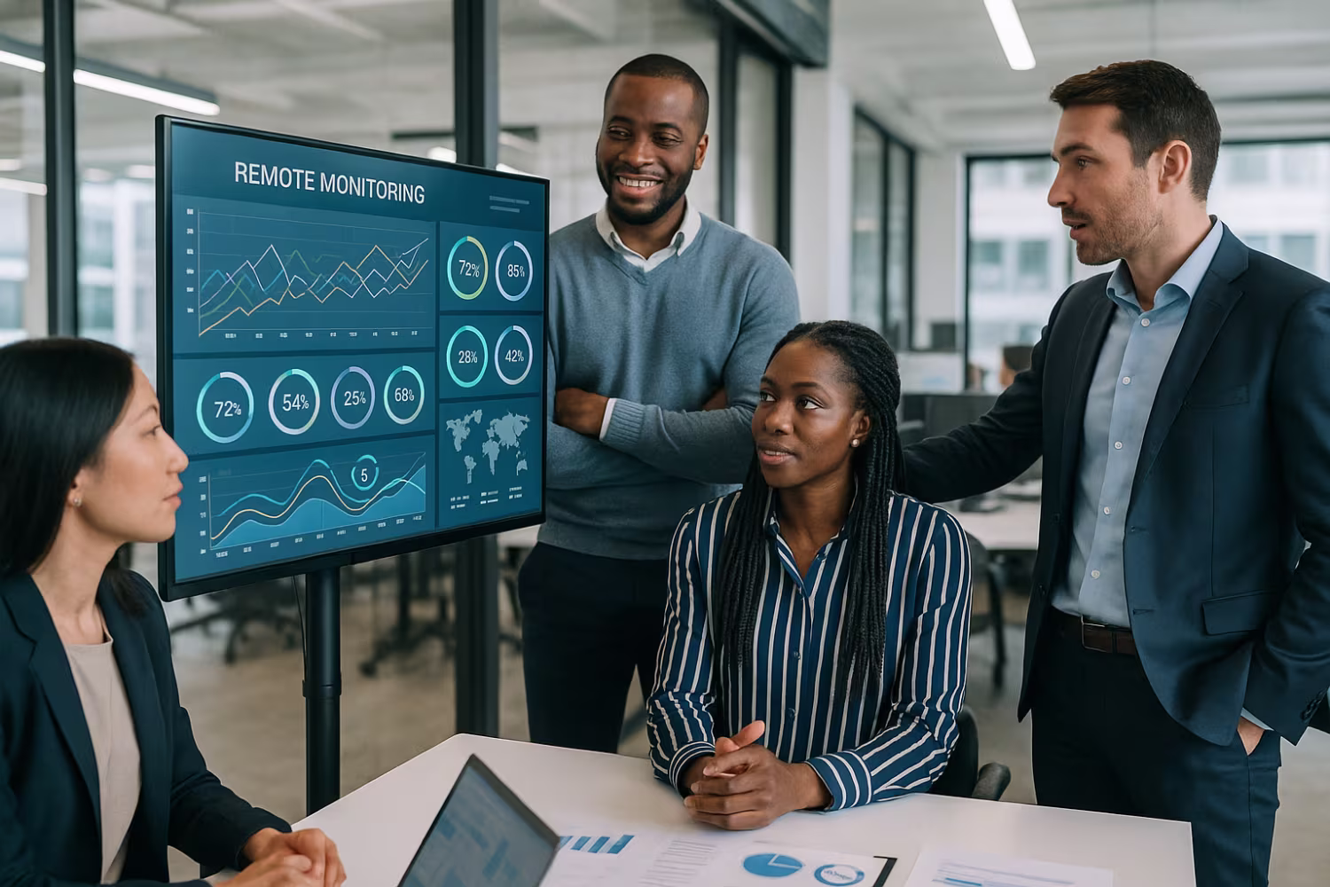 Diverse professionals discussing remote monitoring