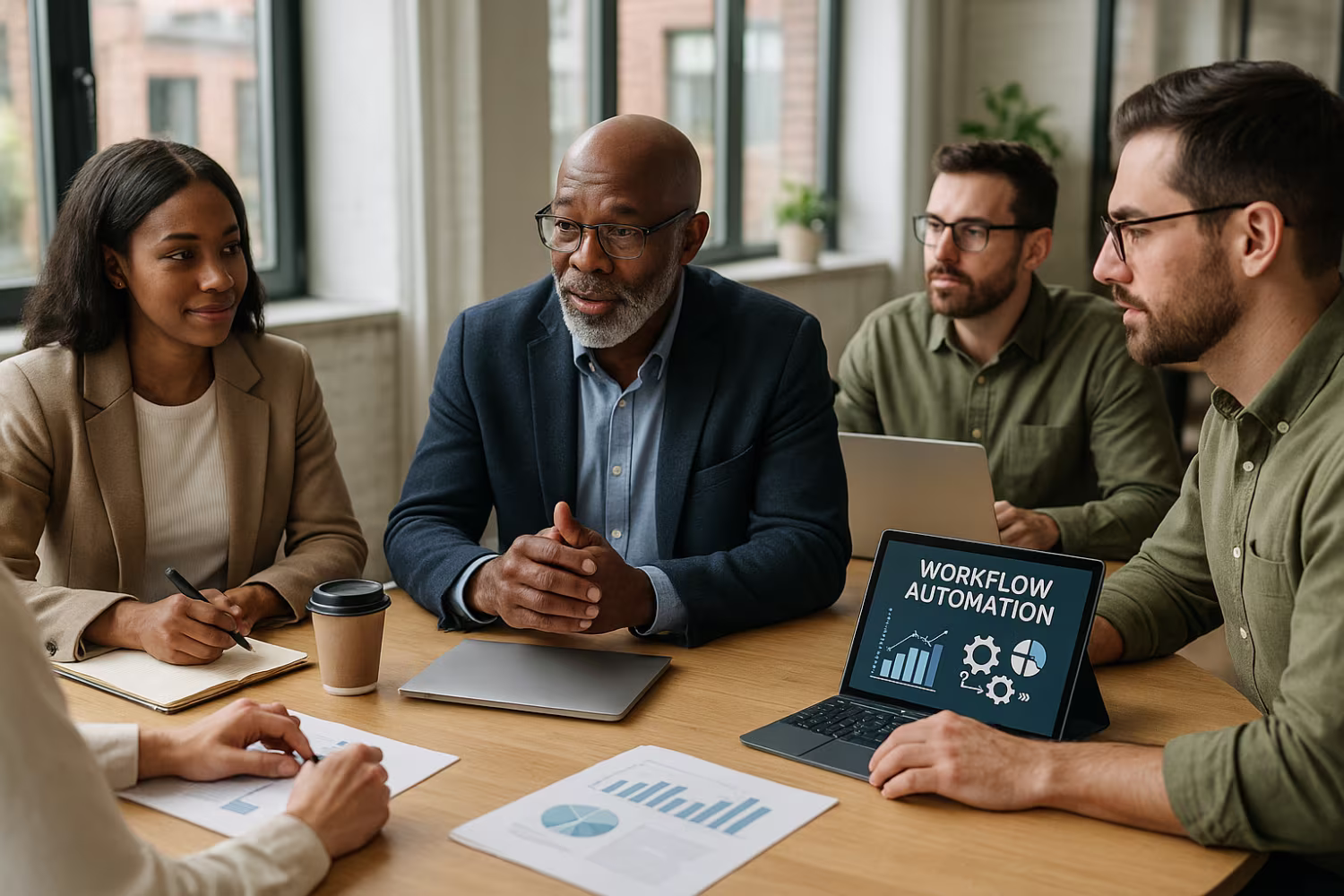 Diverse professionals discussing workflow automation
