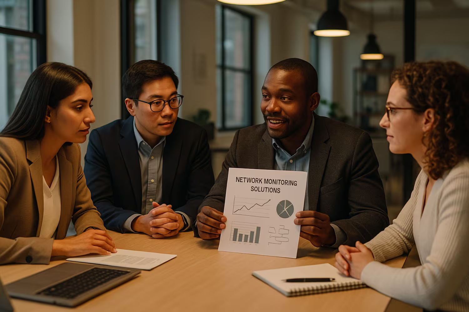 Professionals discussing network monitoring solutions